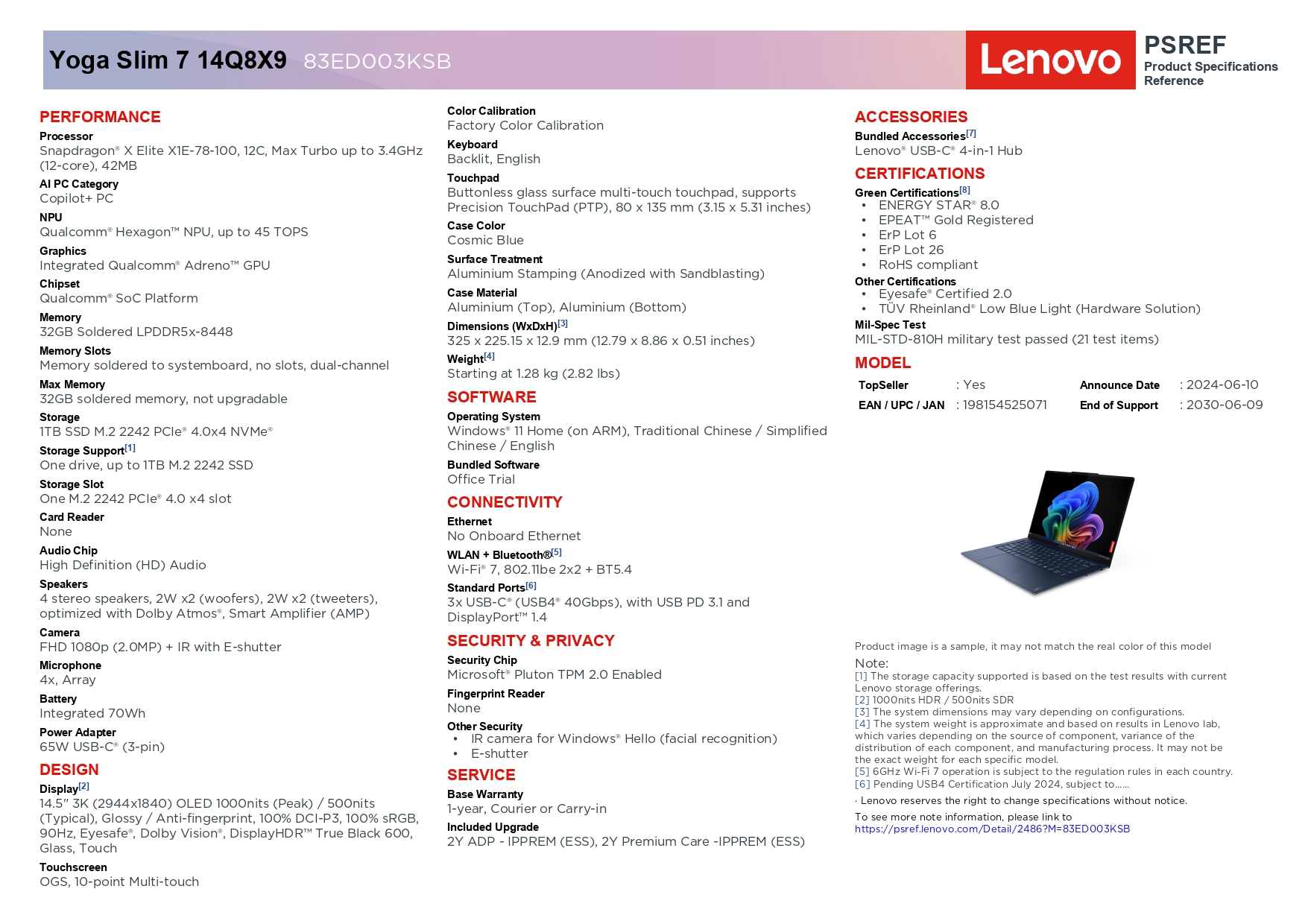 Lenovo Yoga Slim 7 14Q8X9 83ED003KSB - Snapdragon® X Elite Lenovo Yoga Slim 7 14Q8X9 83ED003KSB - Snapdragon® X Elite