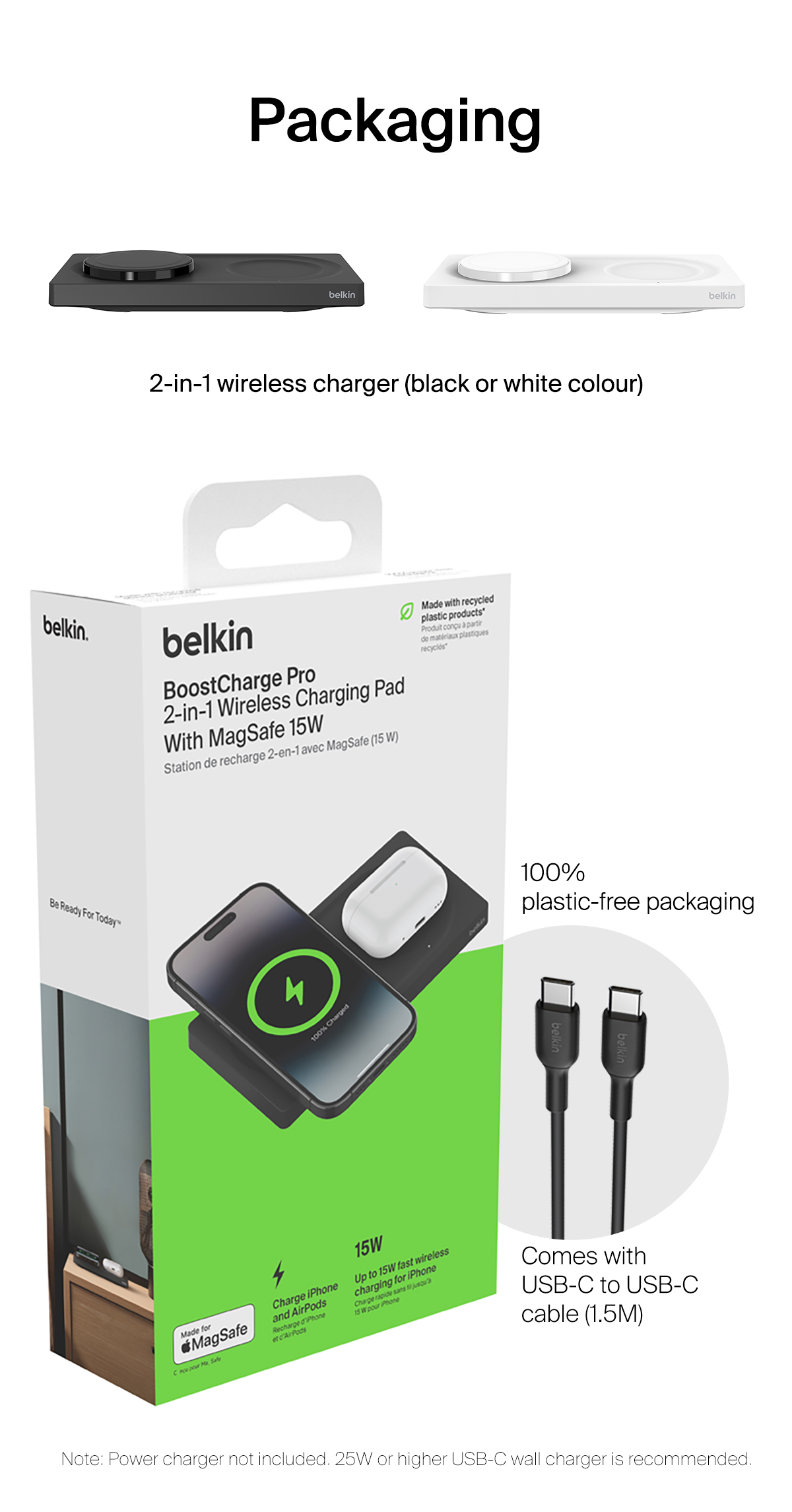  Belkin MagSafe 2-in-1 Wireless Charger, 15W Fast