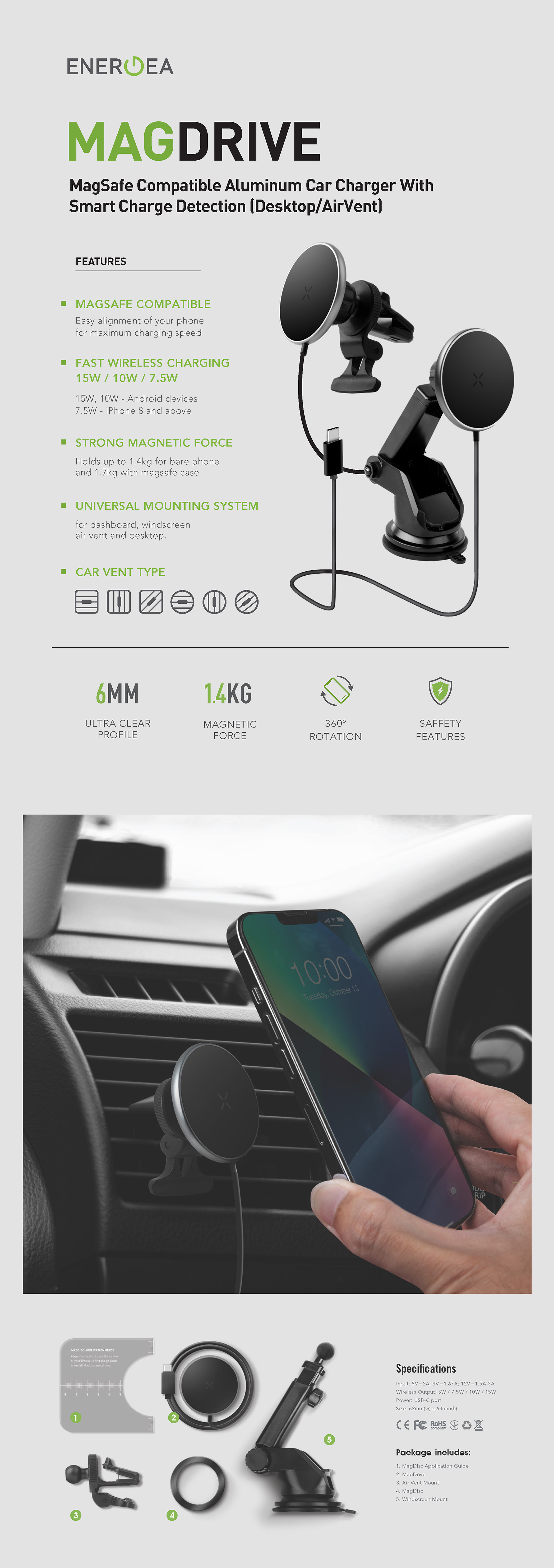 Energea Magdrive Aluminium Car Charger (Desktop / Air Vent) - Challenger  Singapore