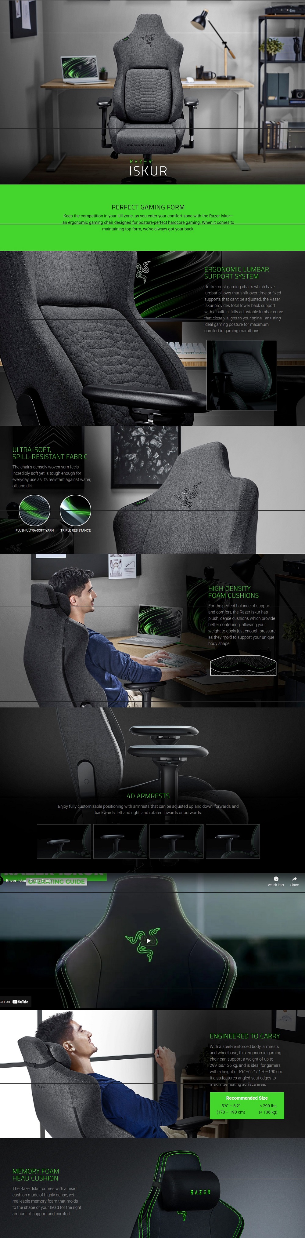Razer RZ38-02770300-R3U1 Iskur Dark Gray Fabric Gaming Chair With Built In  Lumbar Support Challenger Singapore
