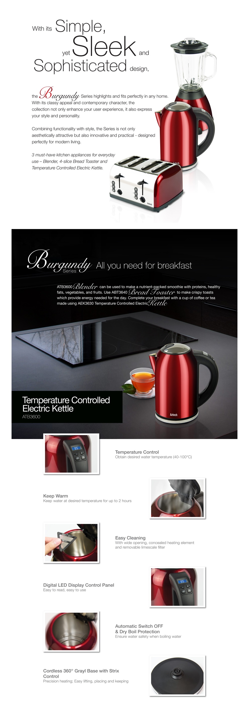 burgundy toaster and kettle